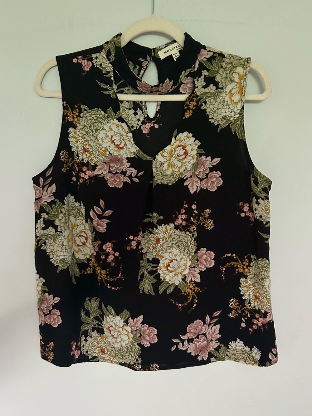 Monteau Black Floral Sleeveless Blouse Keyhole Neckline Built-In Choker Size XL